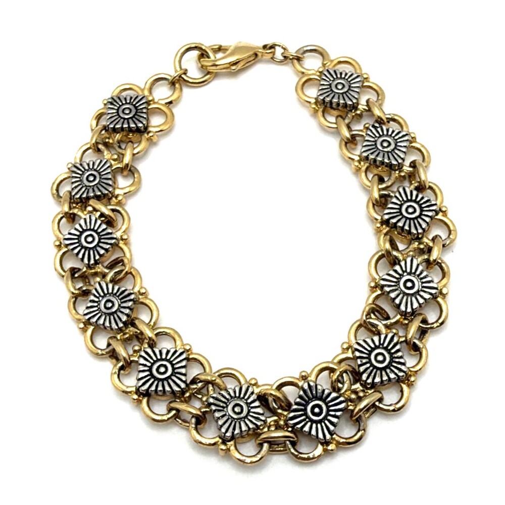Vintage Silver and Gold Tone Floral Link Bracelet Ornate 1980s Statement 8"